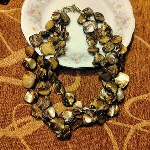 Vtg BROWN BRONZED SHELL BEADED Choker NECKLACE 3 Triple Strand Iridescent